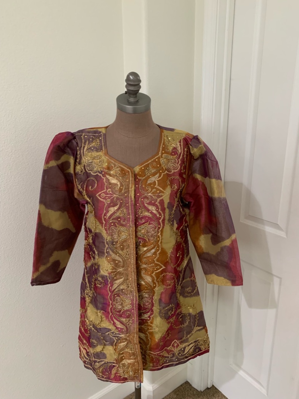 Embroidered Sheer Tunic Top in Burgundy, Gold & Purple